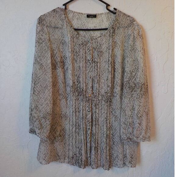 Talbots Sheer Blouse Animal Print Brown Beige Button Up Long Sleeve Fits Large - Picture 6 of 10